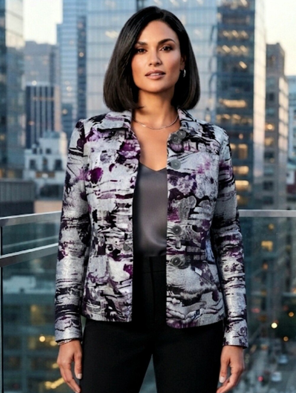 Chico's Laureena 100% Linen Foil Metallic Abstract Jacket Magnolia Pink/Purple